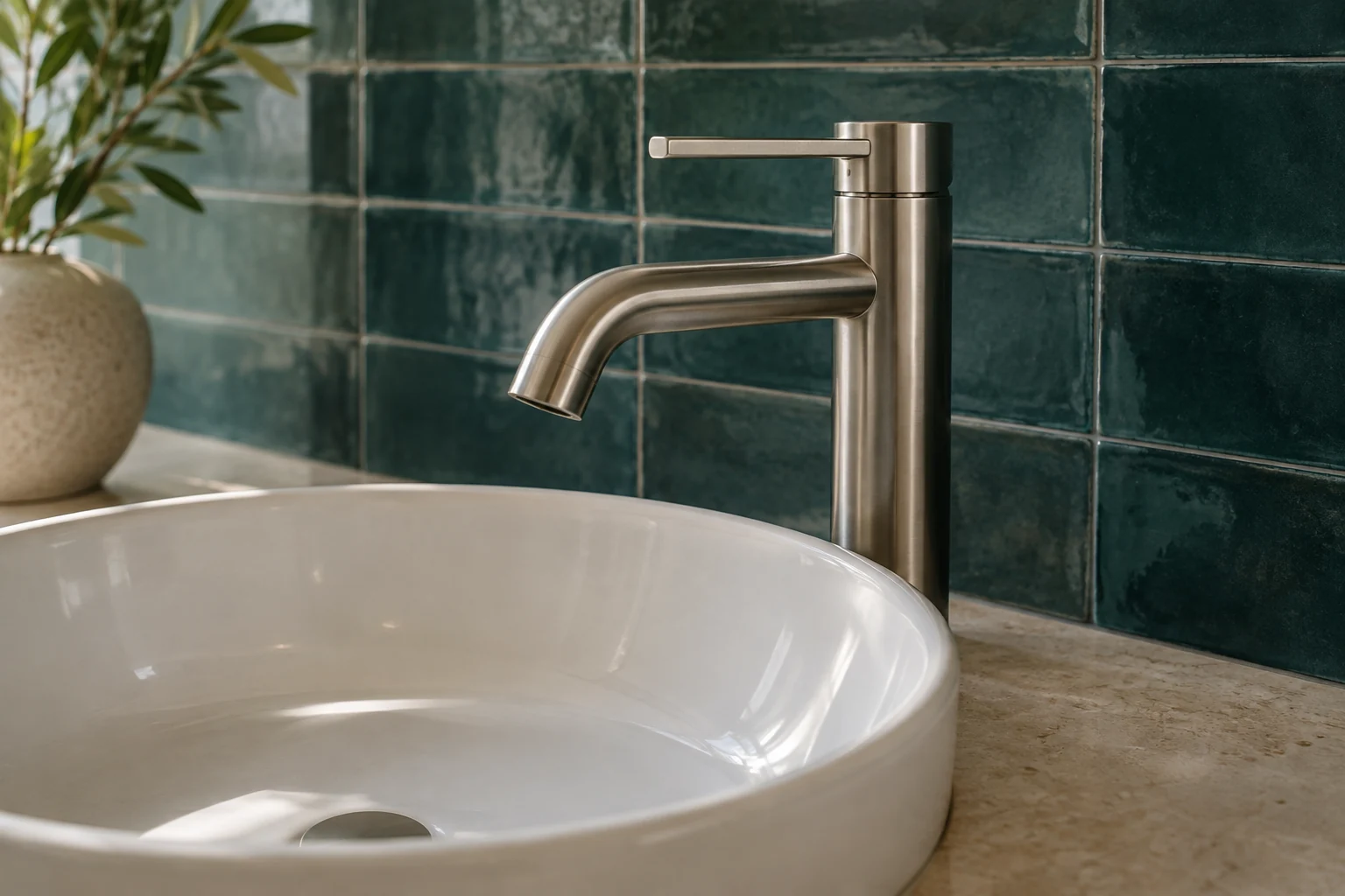 Brushed metal tap above a ceramic basin